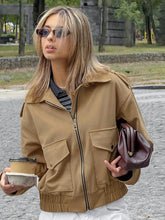 LIZAKOSHT  -  Casual Flip Collar Zipper Pocket Jacket Woman Solid Color Long Sleeves Loose Street Coats Chic Women's Warm Early Autumn Jackets